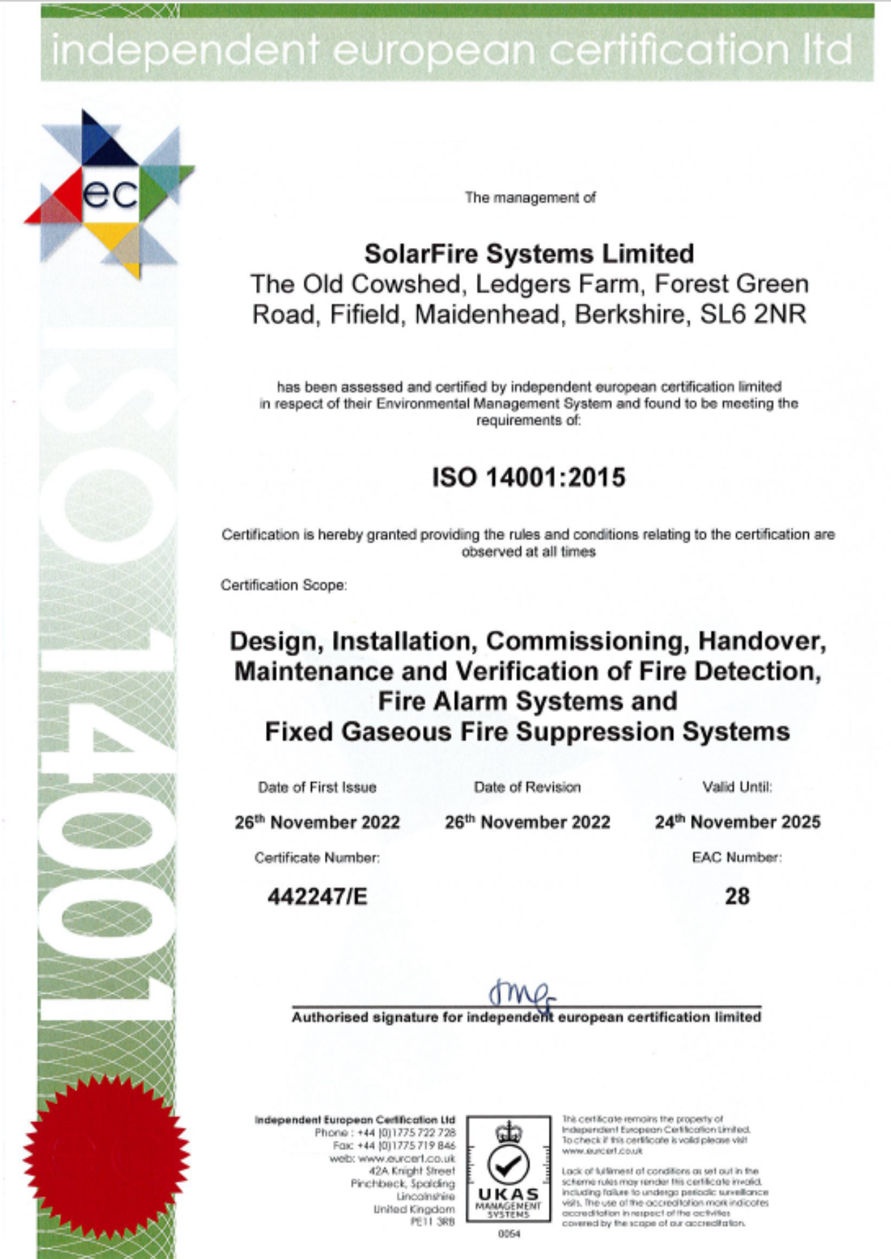 ISO 14001 Solar Fire Systems Ltd