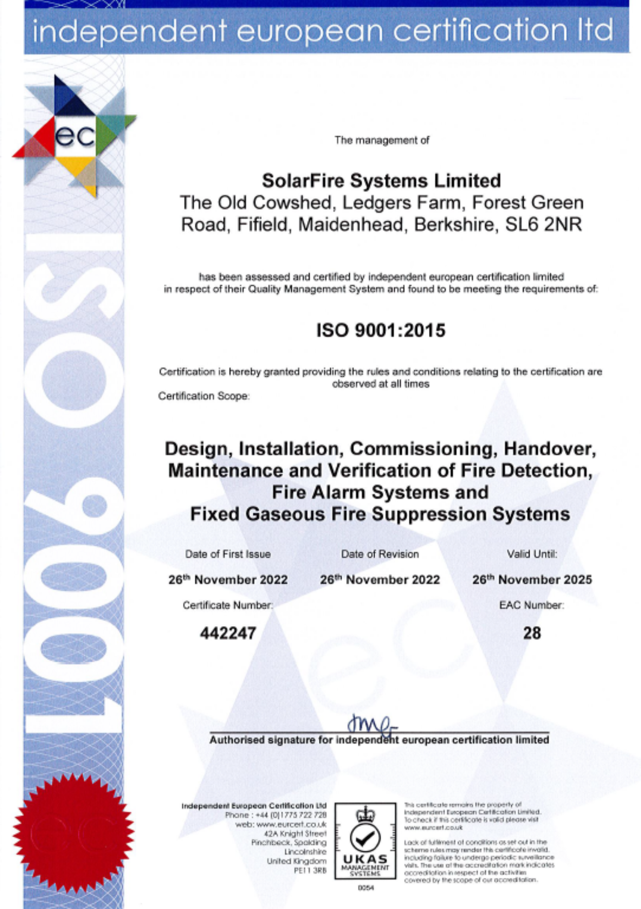 ISO 9001 Solar Fire Systems Ltd